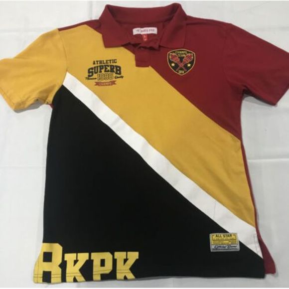 Superb Black Pike Men’s Polo Red‎ Yellow Black Champs Large L VGC All Star - Picture 1 of 8